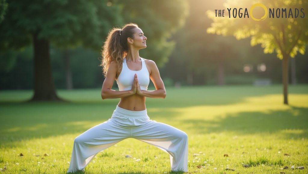 A person practices yoga outdoors in a park during golden hour, performing a wide-legged squat pose with hands in prayer position at the chest. They wear a white sports bra and white yoga pants, standing on lush green grass surrounded by tall trees. Warm sunlight filters through the foliage, casting a serene glow across the scene. In the top right corner, the 'THE YOGA NOMADS' logo appears, with 'YOGA' highlighted in yellow and a circular sun-like symbol. The image emphasizes the elegance and versatility of white yoga pants in natural, mindful settings.