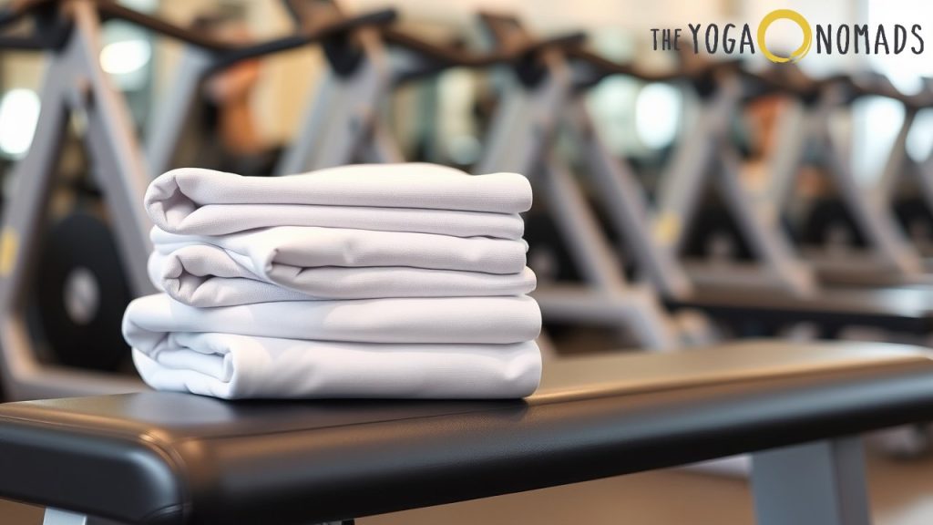 A neatly folded stack of white towels rests on a padded bench in a clean, well-lit gym or fitness center. In the background, rows of weight machines and benches are visible, arranged in an orderly fashion. The setting conveys professionalism and hygiene, with a focus on wellness and physical fitness. 