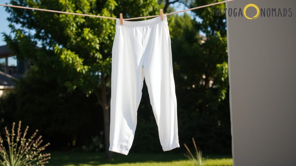 A pair of white yoga pants hangs outdoors on a clothesline, secured with two wooden clothespins. The background features lush green trees, a well-kept lawn, and a partially visible building on the left, all bathed in bright sunlight. The pants appear lightweight and breathable, ideal for yoga or casual wear. In the top right corner, the 'THE YOGA NOMADS' logo is displayed, with 'YOGA' highlighted in yellow and a circular sun-like symbol. The image evokes freshness and simplicity, emphasizing the comfort and versatility of white yoga pants in everyday wellness routines.